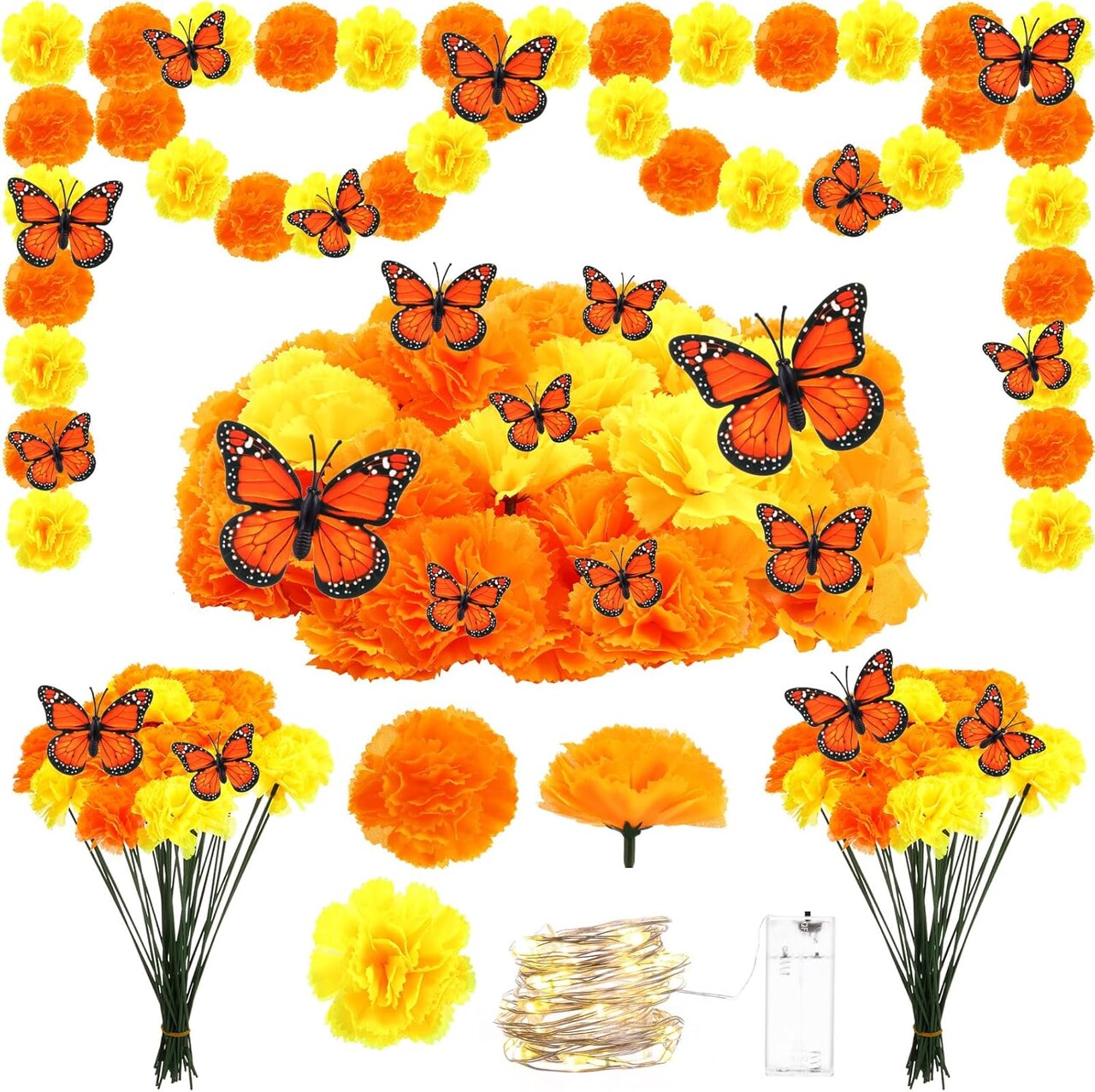 120 Pcs Day of The Dead Decorations - Flowers with Butterflies (Orange, Yellow)